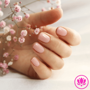 uñas cortas de mujer, al lado de flores rosadas y blancas, color rosado claro